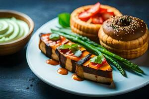 une assiette avec une sandwich, asperges et une tasse de sauce. généré par ai photo