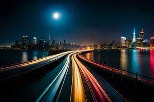 une longue exposition photo de une ville horizon à nuit. généré par ai