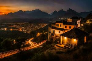 une maison est assis sur une colline surplombant une vallée à le coucher du soleil. généré par ai photo