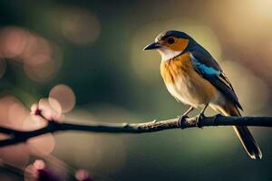 une petit oiseau est séance sur une branche. généré par ai photo