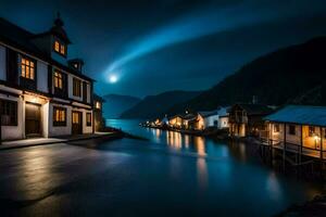 une petit ville à nuit avec une plein lune. généré par ai photo