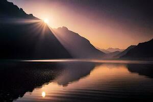 lumière du soleil brillant plus de une Montagne Lac et montagnes. généré par ai photo