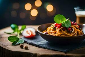 spaghetti avec canneberges et menthe feuilles dans une bol. généré par ai photo