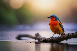 une coloré oiseau est assis sur une branche dans le l'eau. généré par ai photo