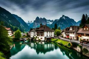 une rivière court par une ville dans le montagnes. généré par ai photo