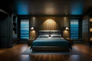 une chambre avec foncé bois des murs et une lit. généré par ai photo