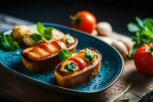 une assiette avec deux tranches de pain avec des légumes. généré par ai photo