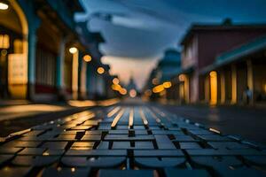 une rue dans le soir avec lumières sur. généré par ai photo