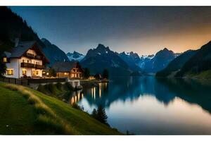 une Lac et Montagne vue à le coucher du soleil. généré par ai photo