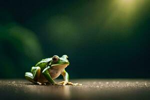 une grenouille séance sur une table dans de face de une vert Contexte. généré par ai photo