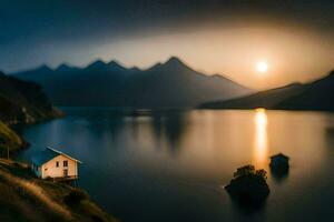 une petit maison est assis sur le bord de une Lac à le coucher du soleil. généré par ai photo