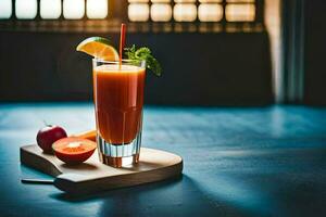 une verre de Orange jus avec une tranche de Pomme. généré par ai photo