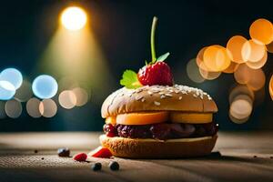 une Hamburger avec baies et une fraise sur Haut. généré par ai photo