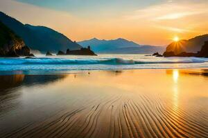 le coucher du soleil sur le plage avec vagues et montagnes. généré par ai photo