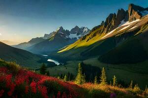 le Soleil monte plus de le montagnes dans le Contexte. généré par ai photo