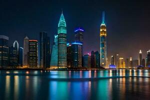 le ville horizon à nuit dans Dubai. généré par ai photo