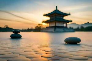 galets dans le l'eau à le coucher du soleil avec une pagode dans le Contexte. généré par ai photo