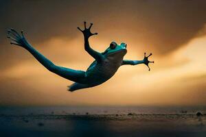 une grenouille sauter dans le air à le coucher du soleil. généré par ai photo