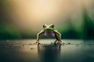 une grenouille est permanent sur une humide surface. généré par ai photo