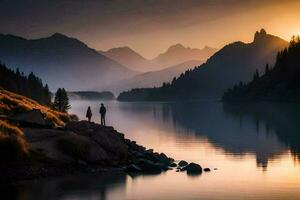 photo fond d'écran le ciel, montagnes, lac, couple, coucher de soleil, le montagnes, le lac,. généré par ai