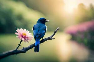 une bleu oiseau est assis sur une branche près une fleur. généré par ai photo