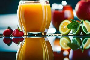 une verre de jus avec des fraises, des oranges et une fraise. généré par ai photo