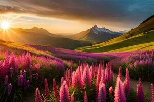 le Soleil monte plus de le montagnes et le lupin fleurs. généré par ai photo