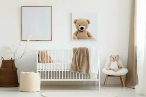 moderne intérieur de confortable bébé pièce avec lit de bébé et literie. ai génératif photo