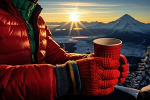 femme mains dans chandail en portant une tasse de chaud boire. génératif ai photo