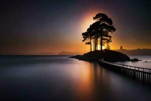 une longue exposition photographier de une arbre sur une jetée à le coucher du soleil. généré par ai photo