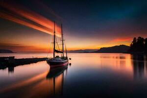 une voilier est assis sur le l'eau à le coucher du soleil. généré par ai photo