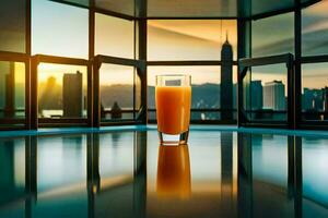 une verre de Orange jus séance sur une table dans de face de une paysage urbain. généré par ai photo