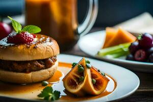 une assiette avec une Burger et fruit sur il. généré par ai photo