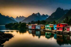 coloré Maisons sur le rive de une Lac à le coucher du soleil. généré par ai photo