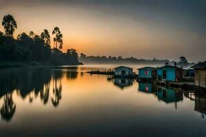 une Lac avec Maisons sur le rive à lever du soleil. généré par ai photo