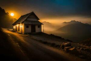 une petit maison est assis sur le côté de une Montagne à le coucher du soleil. généré par ai photo