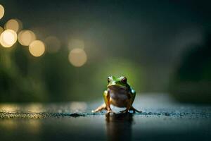 une grenouille séance sur le sol dans le pluie. généré par ai photo