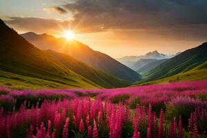 le Soleil monte plus de le montagnes et le fleurs sont dans floraison. généré par ai photo