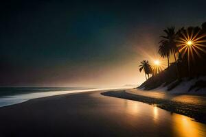 une plage à nuit avec paume des arbres et une lumière brillant sur il. généré par ai photo