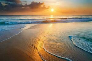 le Soleil monte plus de le océan et le vagues sur le plage. généré par ai photo