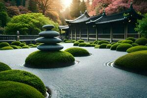 Japonais jardin avec rochers et mousse. généré par ai photo