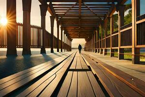 une homme en marchant sur une en bois passerelle à le coucher du soleil. généré par ai photo
