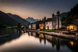 une petit ville est assis sur le rive de une Lac à crépuscule. généré par ai photo