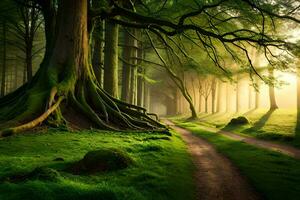 une chemin par une forêt avec des arbres et herbe. généré par ai photo