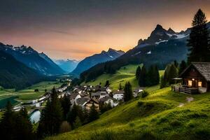 une petit village dans le montagnes à le coucher du soleil. généré par ai photo