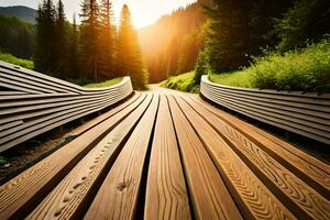 en bois pont dans le montagnes à le coucher du soleil. généré par ai photo