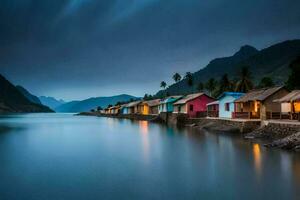 Maisons sur le rive de une Lac à nuit. généré par ai photo