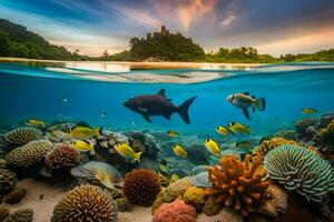 une tropical récif avec poisson et corail. généré par ai photo