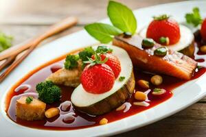 une assiette avec nourriture sur il et des fraises. généré par ai photo