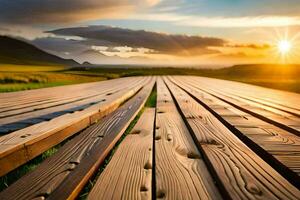 en bois passerelle dans le le coucher du soleil. généré par ai photo